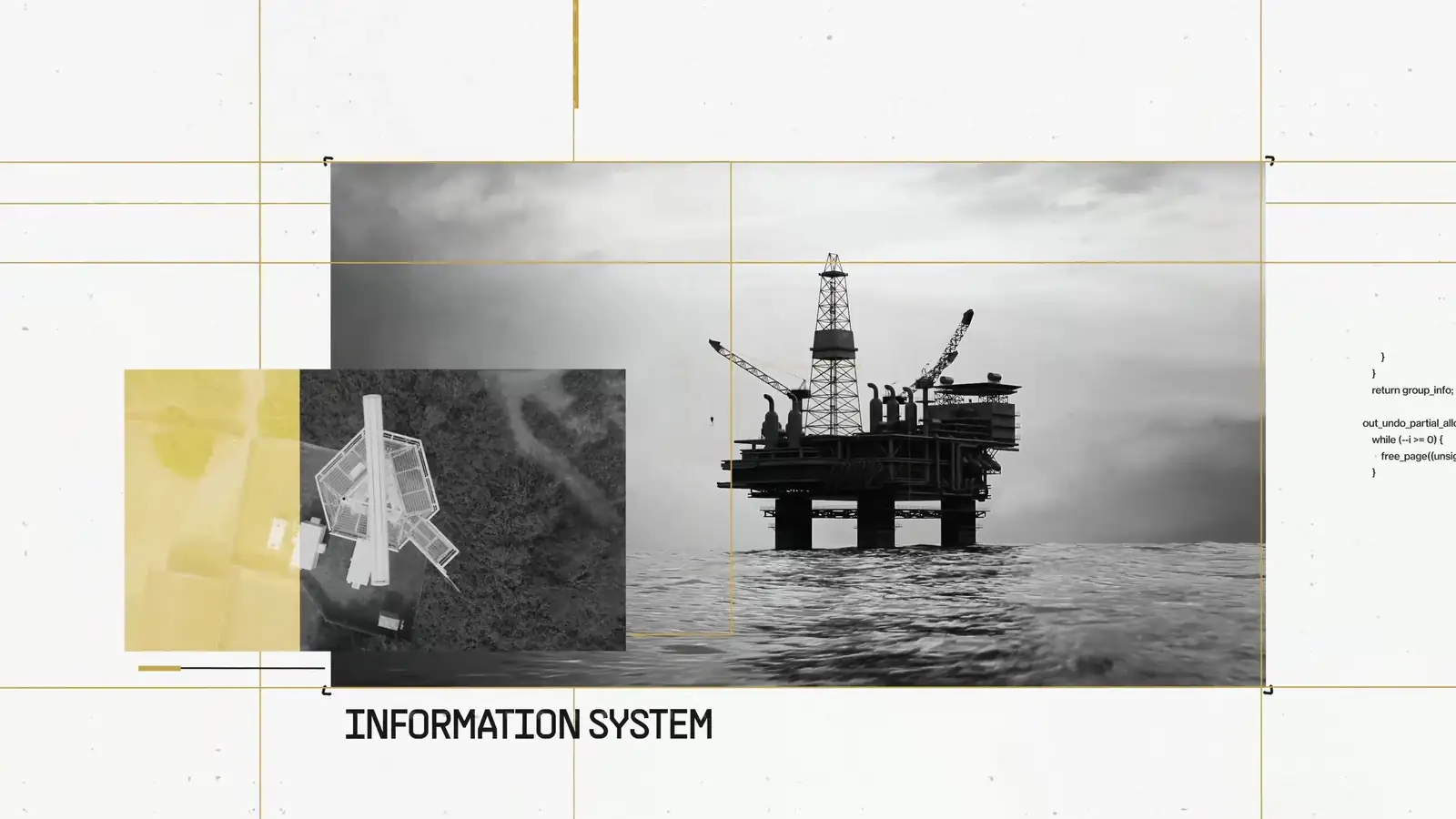 Intelligent Core film opening frame: an offshore platform and a gold data block composed on a blueprint grid, captioned Information System